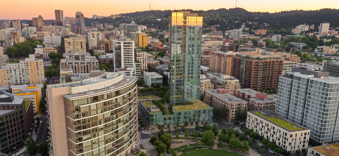 Pearl district cityscape at sunset.
