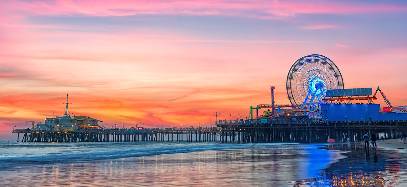 Santa Monica Beach and Pier at sunset.